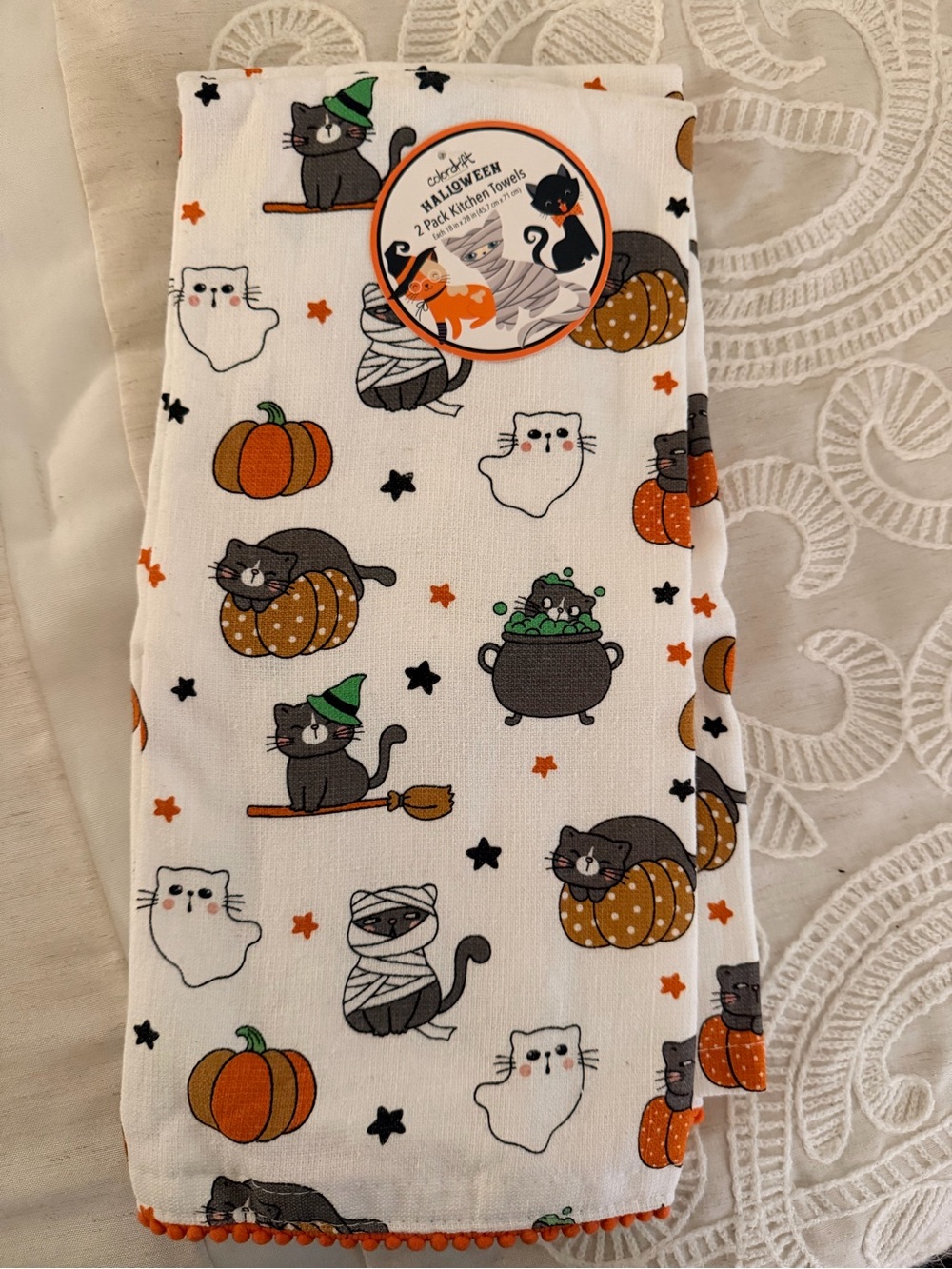 Halloween Cat Print Kids Bottoms - White & Orange